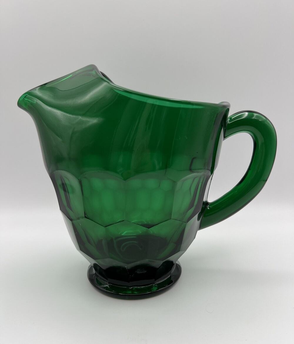 Mosser Glass Georgian Pattern Emerald Green Folded Glass Pitcher 8” Vintage